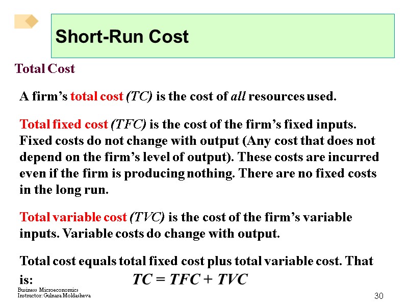 30 Short-Run Cost Total Cost A firm’s total cost (TC) is the cost of